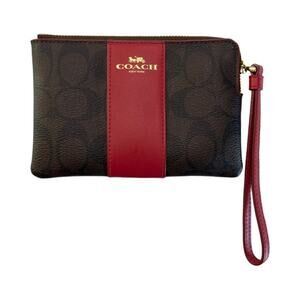 Coach Signature Brown And Red Stripe Wristlet Pouch F58035
